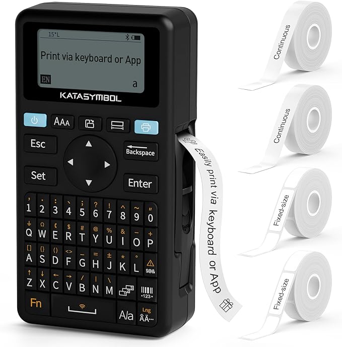 SUPVAN E11 Bluetooth Label Maker Machine with 4 Tapes, Support Keyboard & App with 40 Fonts and 450+ Icons, Rechargeable Inkless Labeler for Home, Kitchen, Office, School, Organization, Black