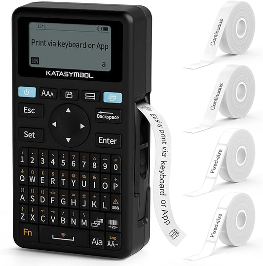 SUPVAN E11 Bluetooth Label Maker Machine with 4 Tapes, Support Keyboard & App with 40 Fonts and 450+ Icons, Rechargeable Inkless Labeler for Home, Kitchen, Office, School, Organization, Black