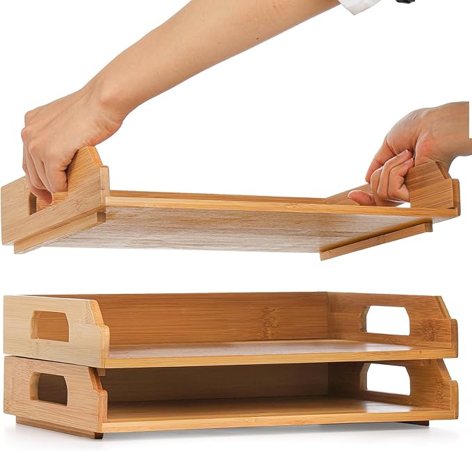 Okllen 3 Pack Stackable Paper Trays, Bamboo Desk Letter Tray Set, 3 Tier File Document Organizer Tray for A4 Paper, Magazine, Receipts, Office Supplies