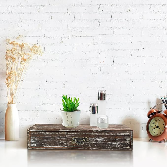 Office Desk Organizer with Drawers Dark Brown Vintage Wood Desktop Storage Box Workspace School Supplies Farmhouse Kitchen Countertop Organizer Makeup Storage Box for Home Toiletries Supplies Vanity