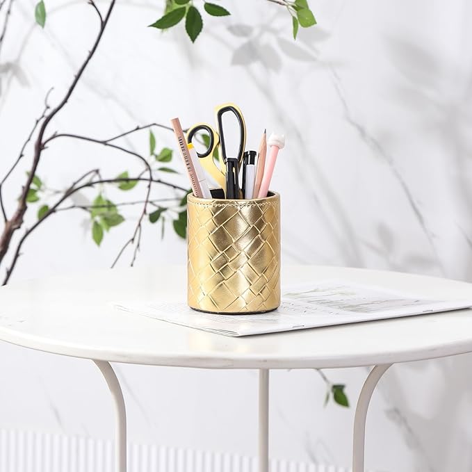 Pencil Cup, PU Leather Pen Desktop Organizer for Cosmetics Office Supplies, Makeup Brushes Organizer Gold Grid PH111