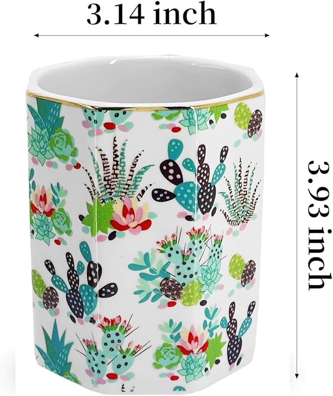 Pen Holder, Makeup Brush Holder Ceramic Shiny Gold Tropical Cactus Floral Succulents Pattern Plants Pencil Cup for Girls Kids Women Durable Stand Desk Organizer Gift for Office, Classroom, Home