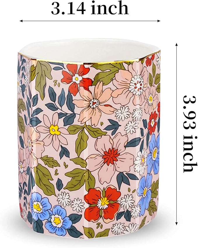 Jwest Pen Holder, Makeup Brush Holder Ceramic Shiny Gold Vintage Floral Flowers Pattern Pencil Cup for Girls Kids Women Durable Stand Desk Organizer Storage Gift for Office, Classroom, Home Pink