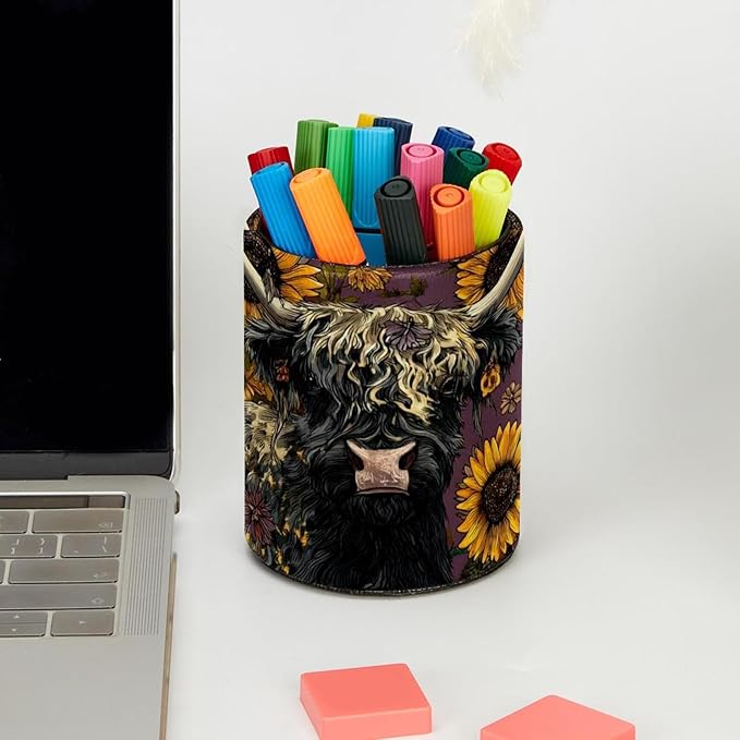 1 Pack Watercolor Sunflower Yak Circular Pen & Pencil Holder - Durable PU Leather Pencil Cup, Desk Accessories Organizer for Office Desk School Home