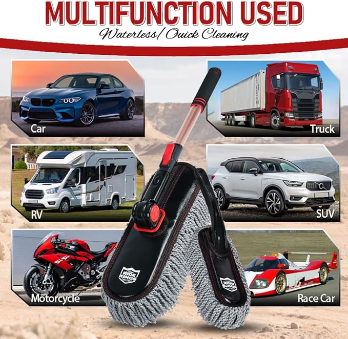 RIDE KINGS Car Duster Exterior Scratch Free with Extendable Handle, Microfiber Car Cleaning Brush for Dust Removal + Small Detailing Brush for Interior Care