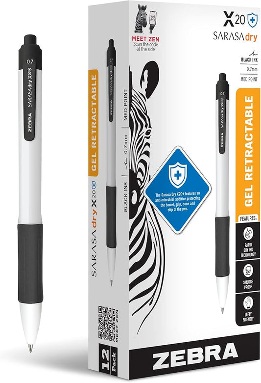 Zebra Pen Sarasa Dry X20+ Retractable Gel Pen, Plastic Barrel with Protective Coating, Medium Point, 0.7mm, Black Ink, 12-Pack (41610)