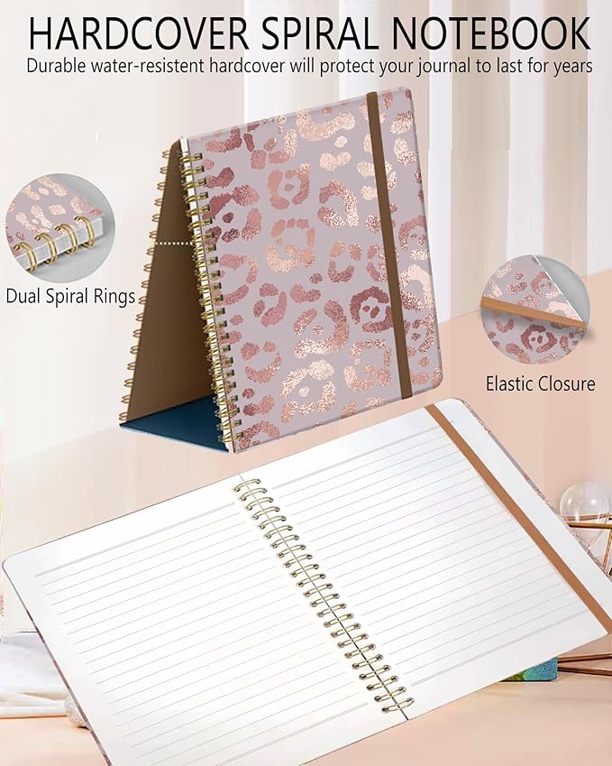Spiral Journal Notebook, A5 Cute Notebooks for Women Men, College Ruled Hardcover Notebook for Work & Note Taking, 60 Pages Double-Wire Journals for Writing, Pink Glitter Leopard