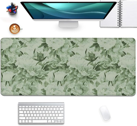 Sage Green Floral Desk Pad Extended Mouse Pad,Large Gaming Floral Mouse Mat with Stitched Edges,Non-Slip Rubber Base Mousepad for Office Computer Keyboard Laptop Home(27.5X11.8 in)