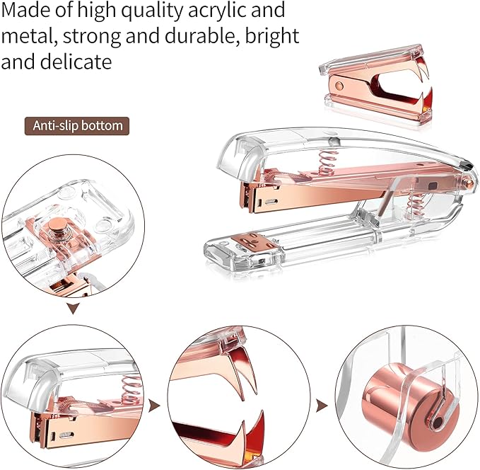 Office Supplies Set Desk Accessory Kit, Acrylic Stapler Set Staple Remover, Tape Dispenser, Binder Clips, Paper Clips, Ballpoint Pen and Scissor with 1000 Pieces 26/6 Staples (Rose Gold)
