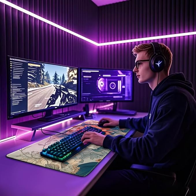 Japanese Minimalist Floral Large Gaming Mouse Pad 31.5"x15.7"｜ Aesthetic Flower XXL Desk Mat, Non-Slip Rubber Base & Stitched Edges - Extended Mousepad for PC/Laptop/Office/Home Decor