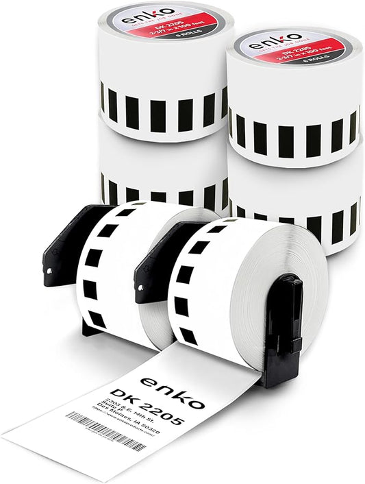 enKo - Compatible DK-2205 Continuous Paper Labels (2.4 Inch x 100 Feet) Use with Brother QL Label Printers QL-800, QL-820NWB QL 810W [6 Rolls + 2 Refillable Cartridge Frames]