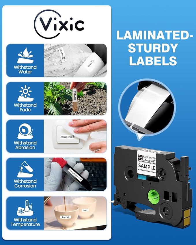 Vixic Label Makers, Label Maker Machine with-Tape 12mm 0.47 Laminated White, D210S Portable Label Maker with Keyboard, Labeling Machine with Multiple Fonts for Home Office Organization