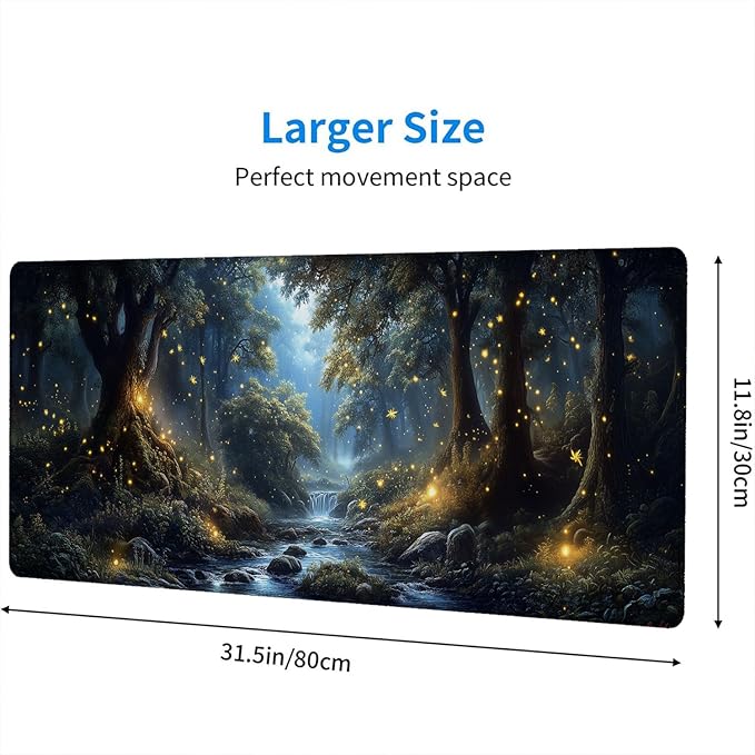 Dream Firefly Forest Landscape Desk Mat Gaming Mouse Pad with Stitched Edge Non-Slip Base - Extended 31.5"x11.8" Office Computer Keyboard Laptop Home Big Mouse Pad