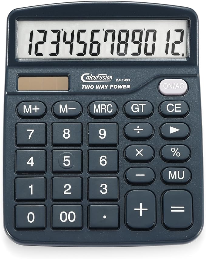 Calculator, 12 Digits Desk Calculators with Large Display LCD & Sensitive Big Buttons Dual Power Solar with Battery Standard Functions Basic Calculators for Offices Home Schools CF-1453