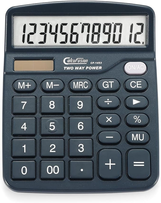 Calculator, 12 Digits Desk Calculators with Large Display LCD & Sensitive Big Buttons Dual Power Solar with Battery Standard Functions Basic Calculators for Offices Home Schools CF-1453