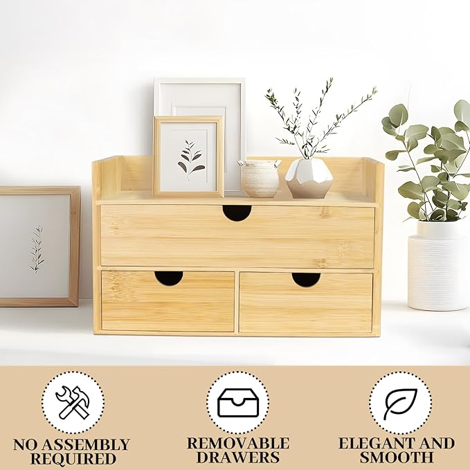 Bamboo Desk Organizer, Desktop Organizer with 3 Drawer, Tabletop Storage Organization Box for Bills, Countertop, Home Office Supplies