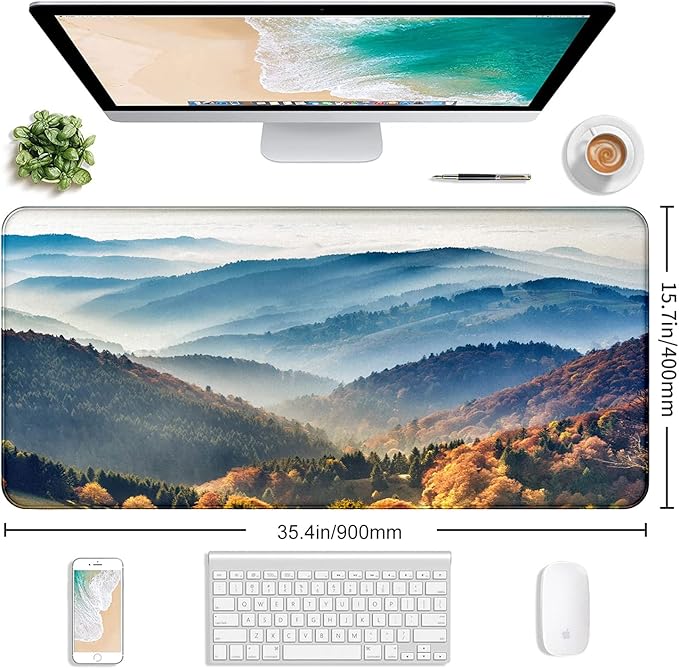 Large Extended Gaming Mouse Pad with Stitched Edges, Non-Slip Waterproof Rubber Base Mouse Pad for Office, Computer, Keyboard, Laptop and Home Desk Pad 35.4 x 15.7 x 0.12 Inch (Mountain Landscape)