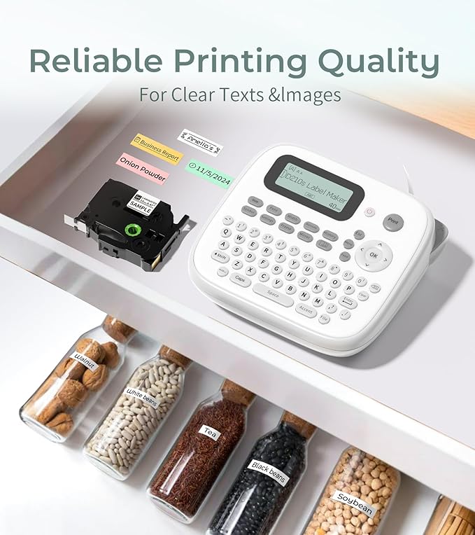 D210s Label Maker Waterproof-Labels, Label Machine with-Tape Laminated 12mm 0.47 White, Portable Labeling Maker with Keyboard & One-Touch-Keys, for Home Kitchen Office School Organization