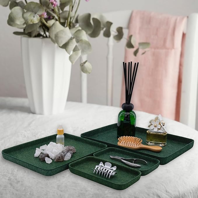 Welaxy EDC Catchall Desk Organizer felt DND dice rolling tray stylish nightstand multitray Entryway Bedside Caddy for Keys Phone Wallet Watch Glasses Pens Office minimalist 4-piece (Forest Green)