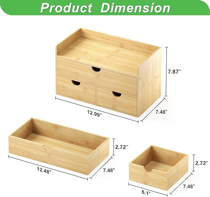 Bamboo Desk Organizer with Drawers Small Desktop Drawers for Countertop Mini Tabletop Storage Container with Drawer for Home Office No Assembly Required
