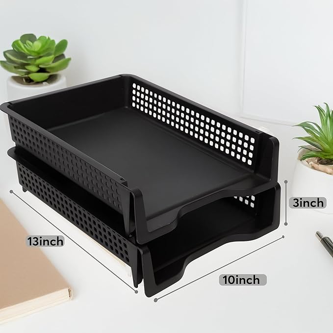 Letter Tray Desk Organizer – Stackable Paper Organizer for Home & Office, Durable Plastic Paper Tray for Desk, A4 & Letter-Size Document Holder (Black)