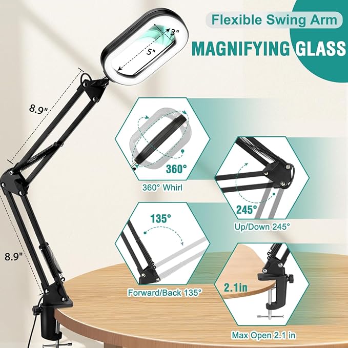10X Rectangle Magnifying Glass with Light, 5 Color Modes Stepless Dimmable Magnifier with Stand, LED Lighted Clamp Desk Lamp with Swing Arm, Hands Free for Reading Painting Crafts Close Work