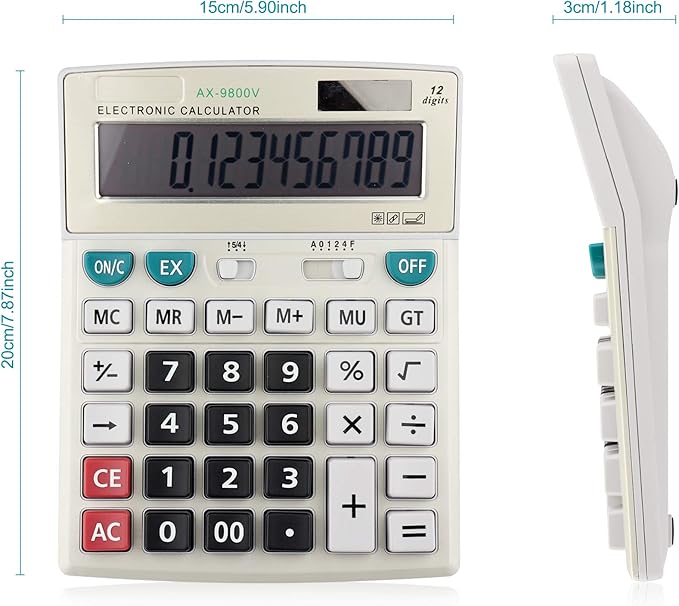 Large Computer Electronic Calculator Counter Solar & Battery Power 12 Digit Display Multi-Functional Big Button for Business Office School Calculating (HY-9800v)