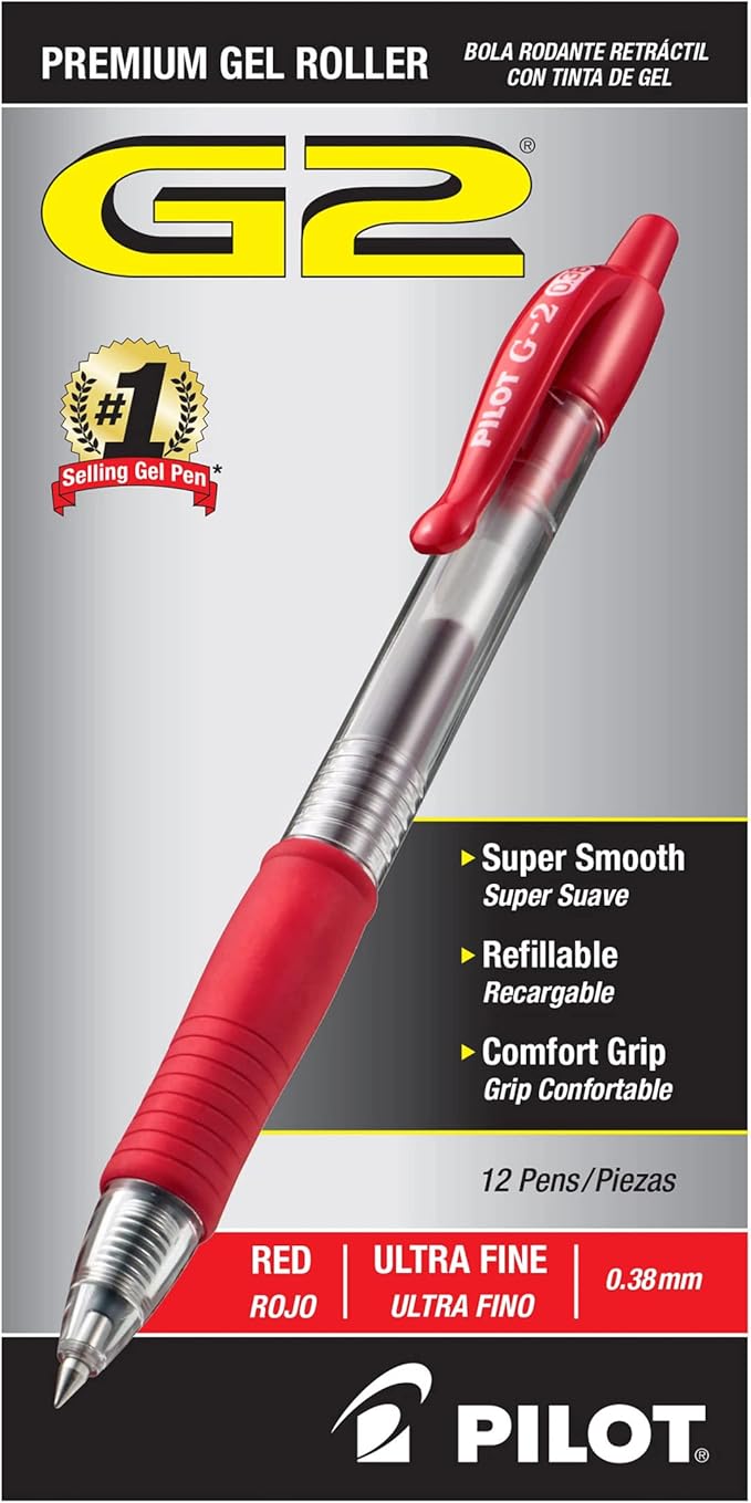 Pilot G2 Premium Gel Roller Pens, Ultra Fine Point 0.38 mm, Red Pens, Pack of 12 - Ideal for School, Journaling & Office Writing