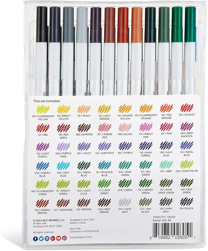 KINGART Studio Fine Line Pens, 48 Colors Set, 0.4mm Ultra Fine Tip for Drawing, Sketching, Journaling, Adult Coloring, & Art Projects, Water-Based Ink, Non-Bleeding.