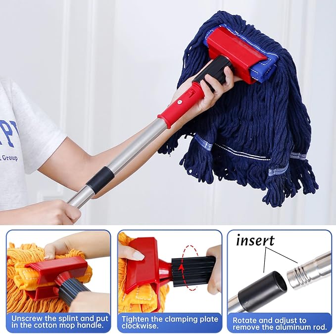 Heavy Duty Commercial Mop with 77inch Long Handle, Looped-End String Wet Mop with 12 Mop Heads for Home, Garage, Office Floor Cleaning (Orange-Blue)
