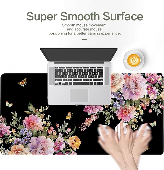 Vimorco Desk Mat Mouse Pad Butterfly Flower, Pink Floral XXL Extended Large Gaming Desk Pad Mousepad, Black Computer Laptop Keyboard Mouse Mat for Women Girls Work, Game, Office, Home 31.5x15.7 in