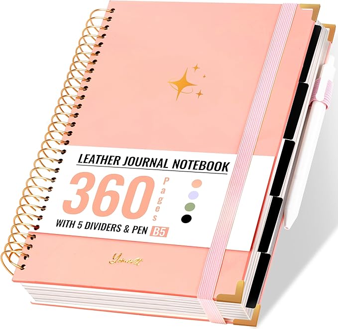 Thick 360 Pages Spiral Notebook Journal for Women with Pen, B5 Leather 5 Subject Hardcover College Ruled Note Book, Journaling Notebooks for Writing Work School, Pink