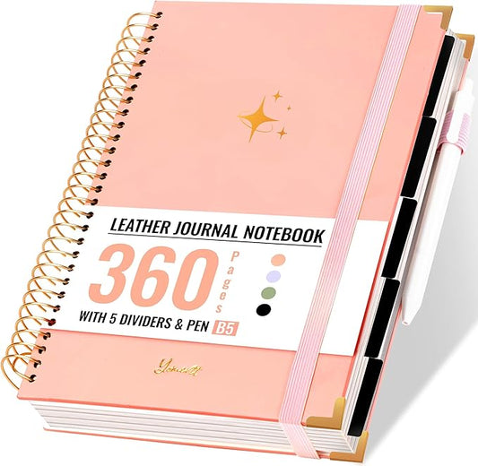 Thick 360 Pages Spiral Notebook Journal for Women with Pen, B5 Leather 5 Subject Hardcover College Ruled Note Book, Journaling Notebooks for Writing Work School, Pink