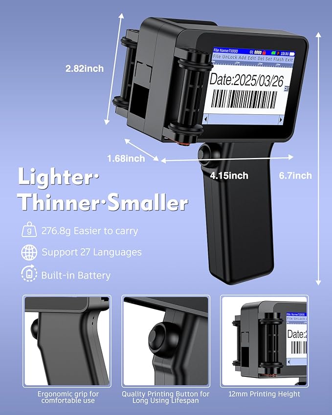 Mini Handheld Inkjet Printer, T1000 Printer Gun with 42ml Fast-Drying Ink Cartridge, Mini Date Printers for Date Coder, QRcode, Barcode, Batch Number, Text, Logo(Black, Printing Height: 0.08-0.5Inch)