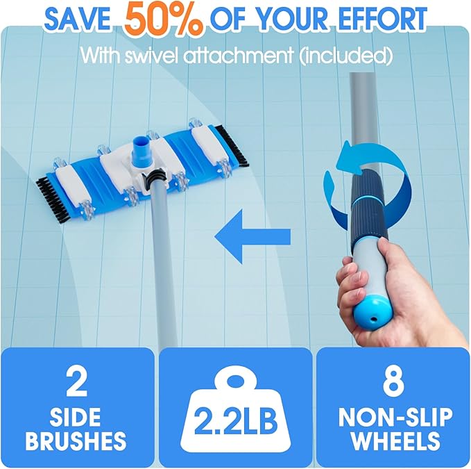 TidyMister 3-in-1 Pool Cleaning Kit Full Set - 18in Rounded End Pool Brush & Ergonomic Pool Vacuum Head with Wheels& Pool Nylon Net Fine Mesh for Above Ground In-ground Pools, Spas, Hot Tubs