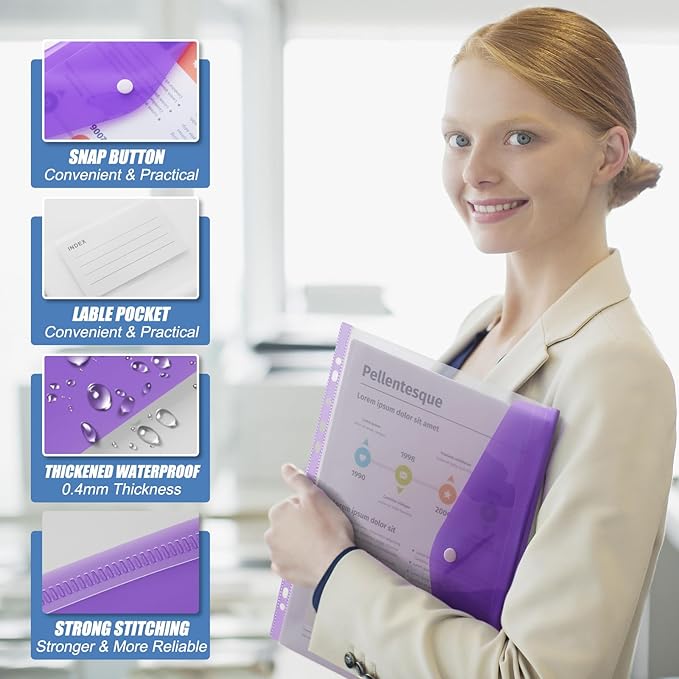 Binder Pocket Organizer Folders, 12 Pack Expandable Files Bag Plastic Envelopes Binder Folders with 11 Holes for 2/3/4 Ring Binder, Document Pouch with Snap Button and Label for School Office Home