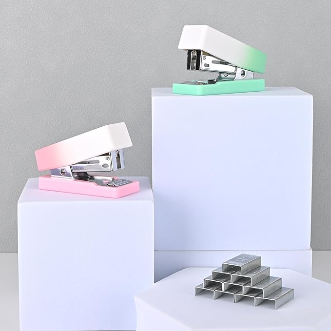 Temiary 2 Pcs Mini Desktop Stapler with Staples Standard, Small Cute Stapler for Desk, 12 Sheets Capacity, Gradient Staplers for Student or Office Use (Green & Pink)