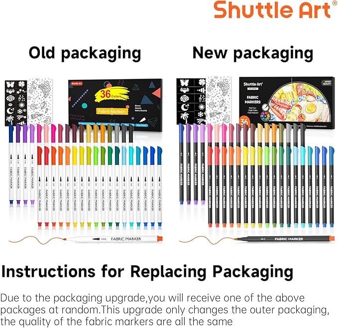 Shuttle Art 36 Colors Fabric Markers, Permanent Shirt Markers for Clothes Sneakers Jeans with 11 Stencils 1 Fabric Sheet, Fabric Pens for Kids Adult Painting Writing