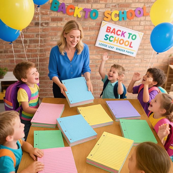 Koogel 100 Sheets Loose Leaf Notebook Paper – 5-Color College Ruled, 3-Hole Punch, 8 x 10.5 Inch for School, Office & Travel Notes