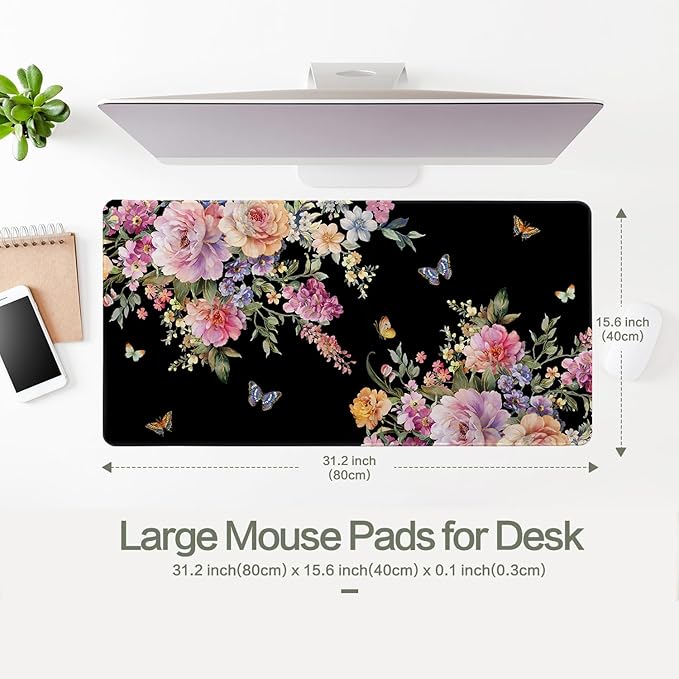 Vimorco Desk Mat Mouse Pad Butterfly Flower, Pink Floral XXL Extended Large Gaming Desk Pad Mousepad, Black Computer Laptop Keyboard Mouse Mat for Women Girls Work, Game, Office, Home 31.5x15.7 in