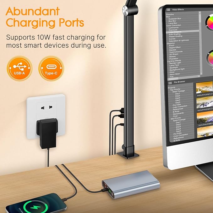 Syrinx LED Desk Lamp with Clamp, Double Head Desk Lamps for Home Office with Gesture Sensor Switch and Touch Control, 24W Eye-Caring Architect Desk Lamp with 25 Light Modes Adjustable Desk Light