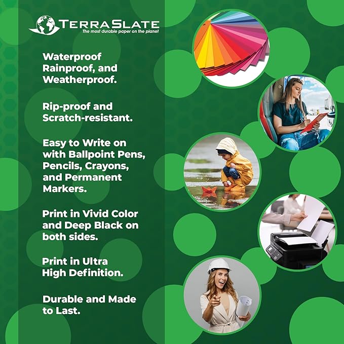 TerraSlate Premium Rain/Weather/Waterproof Paper, 10 MIL 8.5 x 11 Inches, Bright White, Durable Printer Paper (250 Sheets)