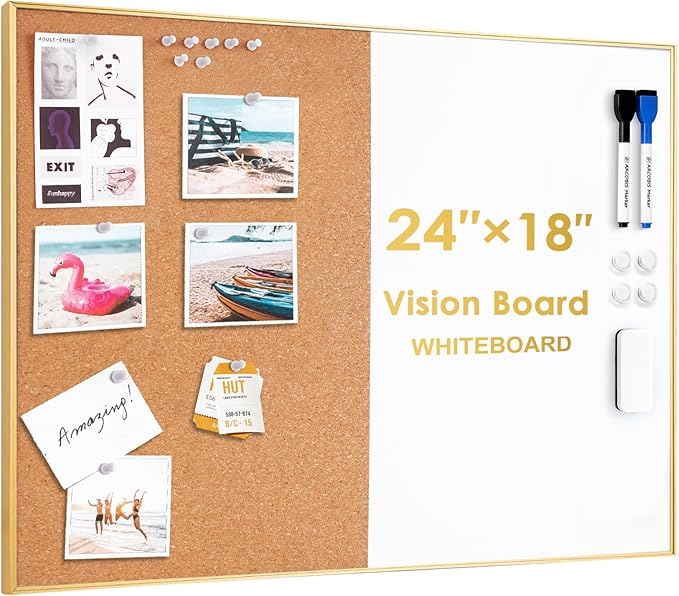ARCOBIS Cork Board White Board Combo, 24 x 18 Inch Bulletin Board-Gold Frame, Magnetic Dry Erase Board & Corkboard for Wall, Vision Board for Home, Office, School