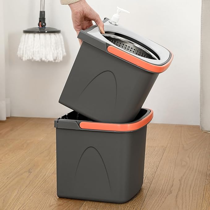 HOLJUS Spin Mop and Detachable Bucket Set with 5 Reusable Microfiber mop Head Dual-Chamber Water System Spining Mop Floor Cleaning Kit for Hardwood Tile Laminate Floors (Gray)
