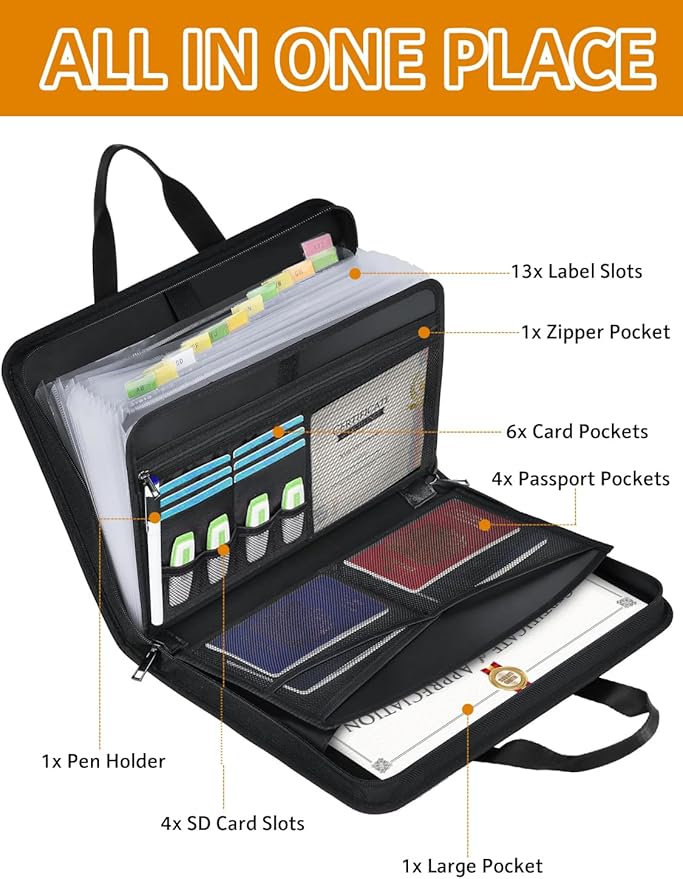 Important Document Organizer Folio Accordion File Organizer Fireproof Expanding File Folder Storage Box with Zipper Labels 13 Pockets for Business Office Receipt Travel