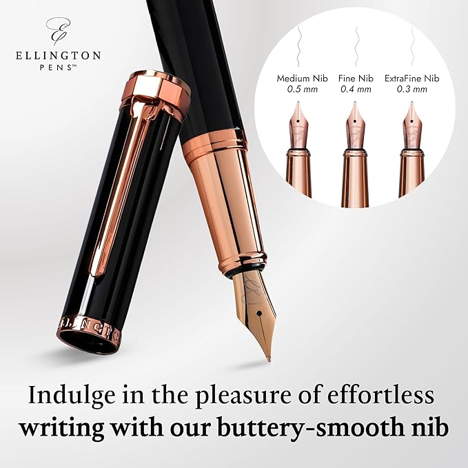 Ellington Pens Luxury Fountain Pen Set - Smooth Fine Nib- Includes 3 Ink Cartridges, Refillable Ink Converter, Gift Box- Fountain Pens For Writing, Calligraphy, Journaling, Sketching (Midnight Rose)