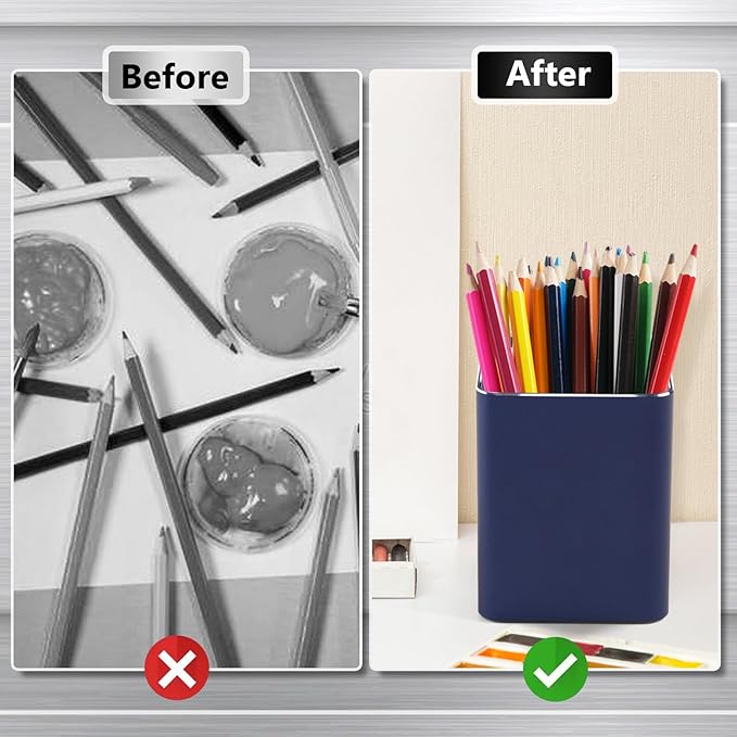 RQB Metal Pen Holder for Desk Square Aluminum Desktop Organizer and Makeup Brush Holder Storage Box for Office, School, Home, and Kids, Non-slip silicone 4×3.15inch (Blue)