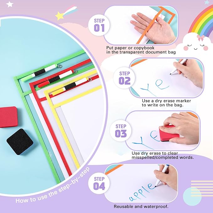 24 Pack Dry Erase Pocket Reusable Sleeves 10" x 14" Clear Plastic Sheet Protectors with Dry Erase Markers and Mini Sleeves Paper Teacher Supplies(Rainbow)