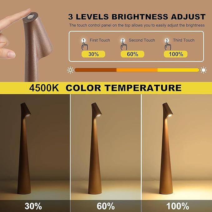 Cordless Small Table Lamps,3 Levels Brightness Portable Desk Lamp,Rechargeable Battery Lights for Outdoor, Restaurant, Bedside, Baby Night Light,Gifts(Brown)