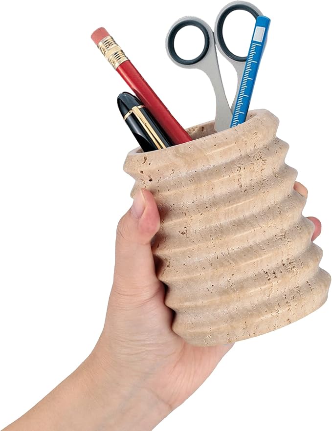 WORHE Pen Holder Stand for Desk, Natural Travertine Stone Makeup Brush Holders, Modern and Functional Pencil Cup for Office Supplies Tableware Organizer for Home Decor School Beige (PH90110)